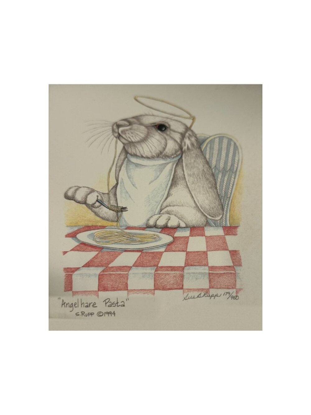 Sue B Rupp Angelhare Pasta Signed Numbered Print 179/950 1994 Rabbit Angel Art